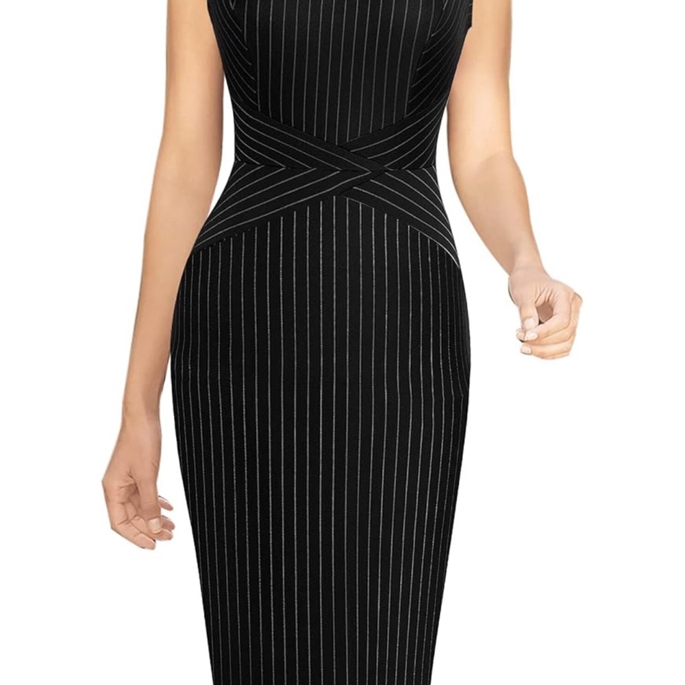 NWT Black White Pinstripe Fitted Stretchy Dress XXL Cocktail Formal /Office Work - Picture 13 of 13